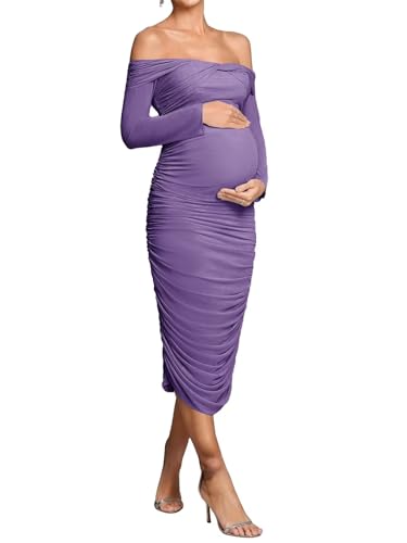 Maxianever Maternity Dresses for Photoshoot Off Shoulder Pleated Satin Baby Shower Dress with Sleeve 2025