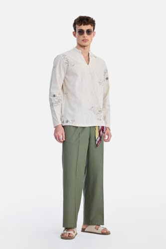 Image of SNITCH Men Trousers Holiday & Casual Wear | Relaxed Fit Pleated Front & Straight Leg Design | Breathable Cotton Linen Blend Fabric for Summer & Vacation Outings