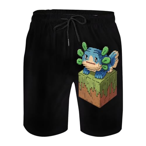 Cute Blue Pixel Axolotl Mens Swim Trunks Boys Quick Dry Board Shorts with Mesh Lining