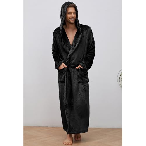 U2SKIIN Herren Fleece Bademantel mit Kapuze, Volle Länge Plüsch Bademantel warm für Männer Robe (Schwarz, L/XL)