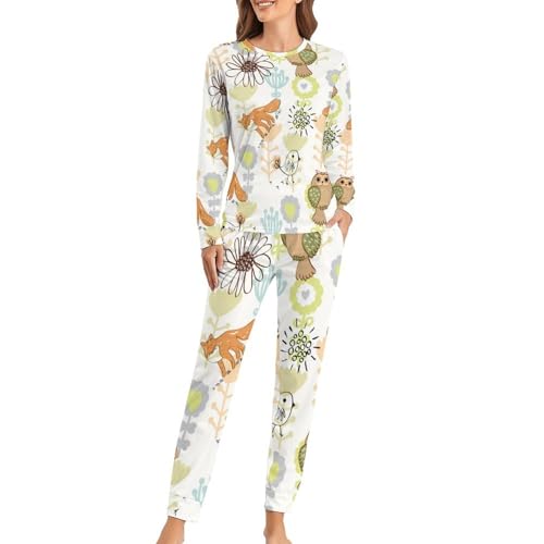 Pyjama femme chouette renard blanc avec t-shirt manches longues et pantalon homewear