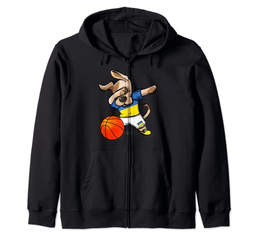 Funny Dabbing Dog Ukraine Basketball - Ukrainian Flag Sport Zip Hoodie, Black