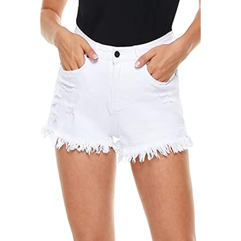 HVEPUO Summer Shorts Mom Jeans Buttons Shorts Holes Hotpants Women's Skinny, C-white, M Cover