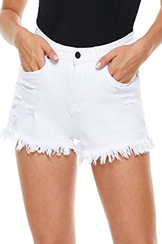 HVEPUO Pantalones cortos de verano para mamá vaqueros, botones, pantalones cortos con agujeros, pantalones cortos para mujer, ajustados, C-blanco., M Cover