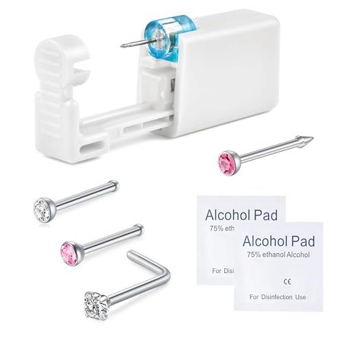 WillTen 6Pcs Nose Piercing Kit with Silver Nose Stud 1Pack Nose Piercing Gun Disposable Nose Piercing Kit with Straight L-Shape Nose Rings Stud Pink CZ Nose Piercings Gun Kit Tool