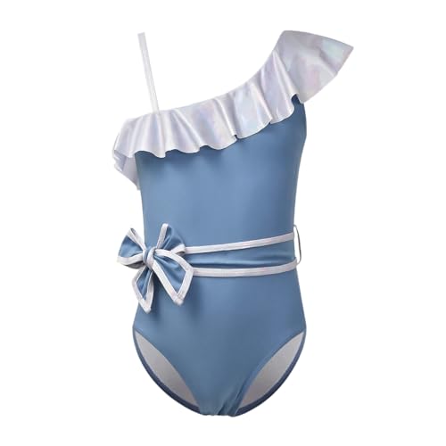 Jxstar Girls One Piece Swimsuit Metallic Ruffle Bathing Suit One Shoulder Swimwear with Decorative Waist Tie & Headband