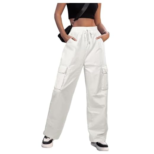 PASUDA Pantalones Cargo Mujer Pantalón Recto Ancho Casuales Pantalon Largo Algodon Mujer Pantalones Cintura Alta Elastico Baggy Cargo Pants Y2K Elegante, con Cordón Dos Bolsillos (Blanco, S)
