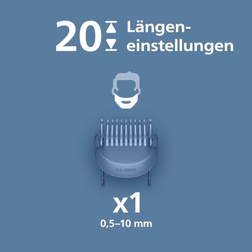 Philips Bartschneider 3000er-Serie – selbstschärfende Klingen mit abgerundeten Spitzen, 20 Längeneinstellungen, Lift&Trim-Kamm, 100% wasserdicht, Akkuanzeige, USB-Ladegerät, Modell BT3619/15 3