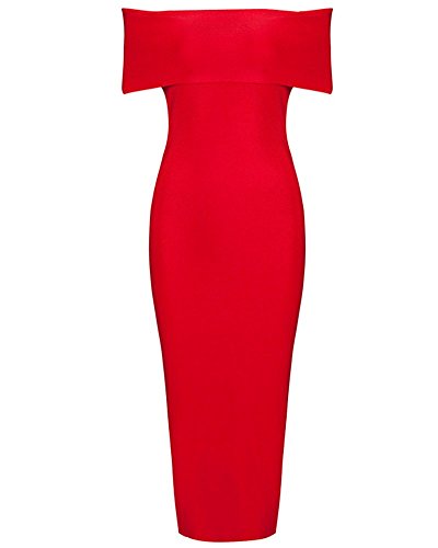 Whoinshop Damen Rayon Weg vom Schulter Vorder Split Midi Bodycon VerbandKleid Rot S Cover