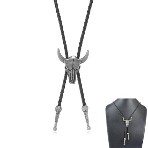 LONZIKP Cravate Bolo en Cuir Halloween Cravate Cowboy Tête de Vache Western Collier Lariat Rodeo Pendentif pour Femmes et Hommes (Argenté)