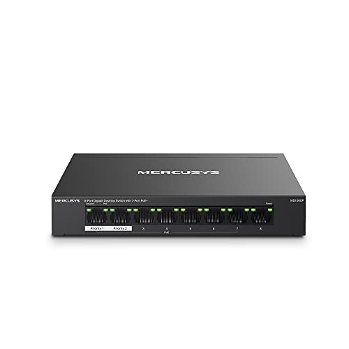 Mercusys MS108GP PoE Switch 8-Port Gigabit LAN Switch mit 7 PoE+ Ports bis zu 30 W pro PoE-Port und 65 W für alle PoE-Ports 802.3af/at PoE lüfterlos Plug-and-Play Robustes Metallgehäuse