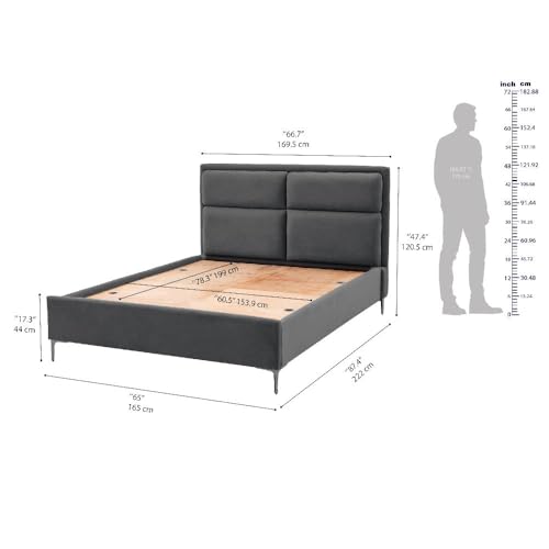 Image of Wakefit Bed | Queen (78 X 60) Solid Wood Bed, Upholstered, Without Storage, 3 Year Warranty - Zewail - Velvet Space Grey