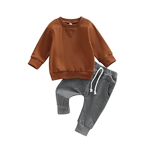 Image of Toddler Baby Boy Clothes Solid Color Long Sleeve Crewneck Sweatshirt Top Casual Pants Set 2Pcs Fall Winter Outfits