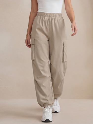 Image of GRECIILOOKS High Waist Cotton Trousers for Women - Flared Parachute Pants with Side Pockets | Casual Travel Cargo Pants