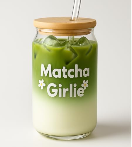 Image of THE UMBRELLA STORE Glass Tumbler Bamboo Lid and Straw, Coffee Tumbler, Reusable Glass (Matcha Girlie)