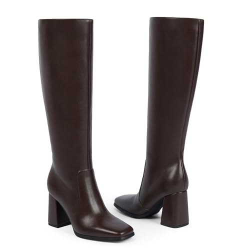 Image of Modatope Knee High Boots Women Chunky Heel Square Toe Fashion Tall Boots | Side Zipper pu Leather Tall Boots,Chunky Heel 70s Gogo Boots,Fashion Heeled Fall Winter Boots,Long Dressy Boots for Women