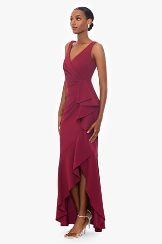 Image of Betsy & Adam Women's V-Neck Hi Low Sleeveless Floor Length Cascade Dress with Draped Ruffle, Regular & Plus Size