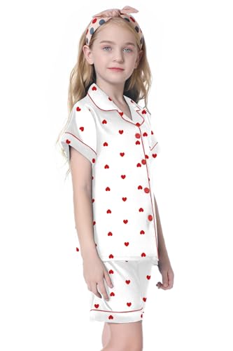 Image of Umeyda Women & Girls Pajamas Set, Soft Satin Lightweight Silk Button-Down Top with Shorts 2 Piece PJS for Mom Boys Kids Gifts