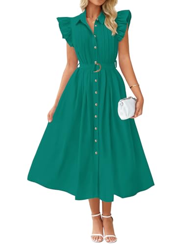 Image of ZESICA Womens Summer Button Midi Dresses 2026 Flutter Short Sleeve Belted Business Casual Work Long Dresses with Pockets,Dark Green,Medium