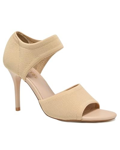 Image of Peep Toe Heels for Women Sexy 3 Inches Stiletto Heeled Sandals for Women Open Toe Wide Stretchy Knit Heel Sandal Booties Slip On Comfortable Dressy Shoes for Prom, Party and Work