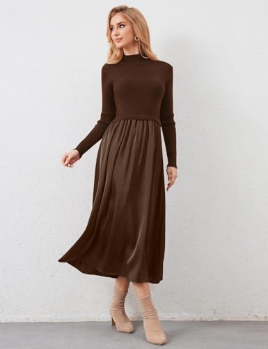 Women's Turtleneck Long Sleeve Maxi Dress - Slim Fit Ribbed Knit Pullover Patchwork Long Flowy Dress3