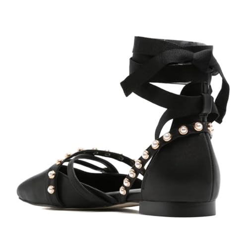 XYD Women Crisscross Straps D'Orsay Flats Square Toe Pearls Lace-up Low Heels Ankle Strappy Chic Casual Event Shoes4
