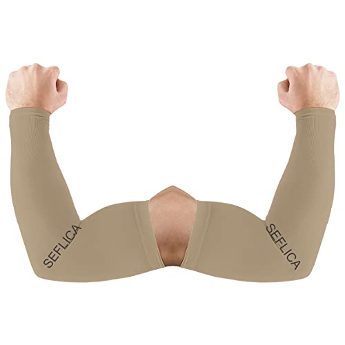 SEFLICA UV Sun Protection Cooling UPF 50 Compression Arm Sleeve for Men and Women No Thumb Arm Sleeves, Arm Sleeves for Boys and Girls, For Tattoo Cover Up and Sports, 2 Pair - Beige