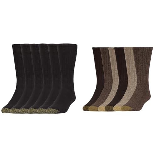 GOLDTOE Men's Harrington Crew Socks, Multi-color - Large Black (6-pairs)/Taupe Marl/Khaki (6-pairs)