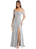 boisao Off The Shoulder Silver Bridesmaid Dresses for Wedding Long Cowl Neck Chiffon Formal Prom Dress with Slit Size 0