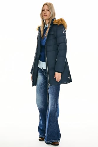 Orolay Women's Down Jacket with Faux Fur Trim Hood (XL, Navy)