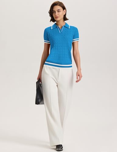 Image of Micoson Womens Short Sleeve Sweater Tops Lapel V Neck Polo Shirts 2026 Summer Cable Knit Loose Blouse Business Casual Outfits