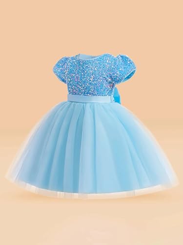 Image of Sweet Baby Girls Children's Lace Fashionable Wedding Skirt Princess Dress Visited the Party to Participate in the Event Elegant Short Sleeve Net Fit and Flare Knee-Length Frock Dress