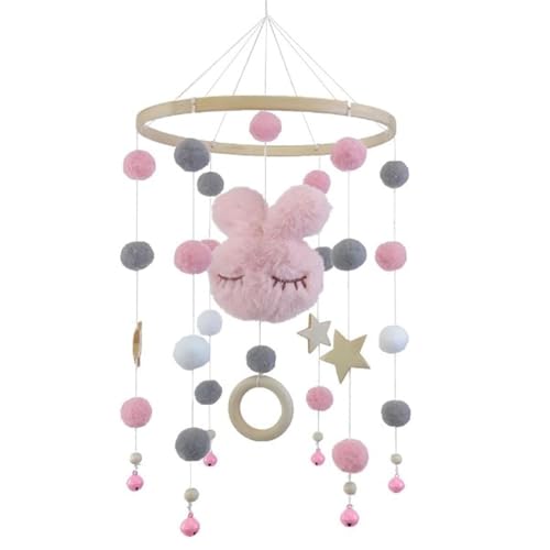 Mobile Babybett, Baby Sachen, Mobile Baby Windspiele mit Filzbällen und Hase Ornament, Holz mit Filzbällen Wolken Mobile Baby Mädchen Bettglocke Anhänger für Mädchen und Jungen (Rosa,1pcs)