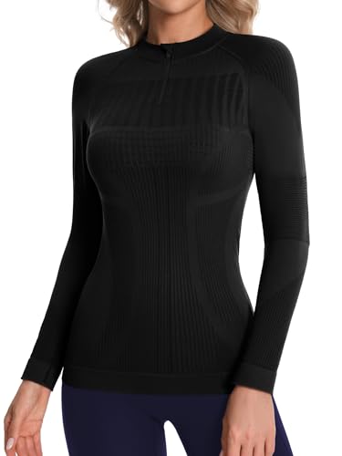 ATTRACO Long Sleeve Compression Shirts for Women Zip Neck Winter Shirt Warm Seamless Base Layer Black XL