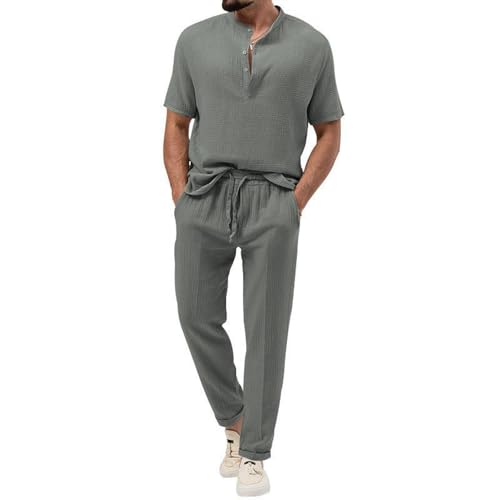 Men's 2 Piece Big Size Grey Linen Short Sleeve Casual Outfit Casual Two Piece Mens Walking Outfit For Sale Pant Sets Suit