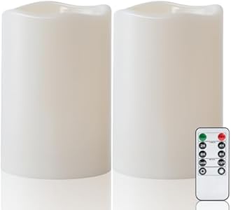Amagic 2 Pack 6" x 4" Outdoor Plastic Electric flameless Candles with Remote Control and Timer, Battery Operated Flickering LED Pillar Fake Candle for Home, Wedding Decor, Ivory