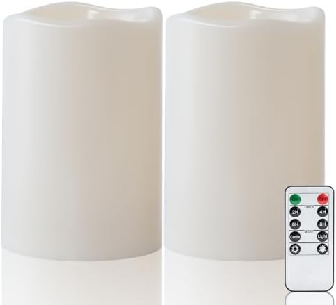 Amagic 2 Pack 6" x 4" Outdoor Plastic Electric flameless Candles with Remote Control and Timer, Battery Operated Flickering LED Pillar Fake Candle for Home, Wedding Decor, Ivory