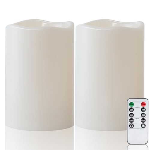 Amagic 2 Pack 6" x 4" Outdoor Plastic Electric flameless Candles with Remote Control and Timer, Battery Operated Flickering LED Pillar Fake Candle for Home, Wedding Decor, Ivory