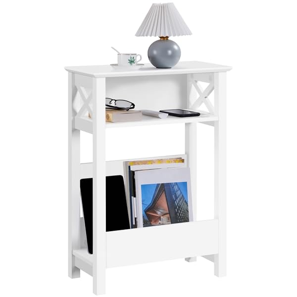 Yaheetech Table d'Appoint Bout de Canapé Salon, avec Porte-revues, Table Étroite Gain de Place, 50 × 25 × 70 cm, Table de Chevet Chambre Blanc