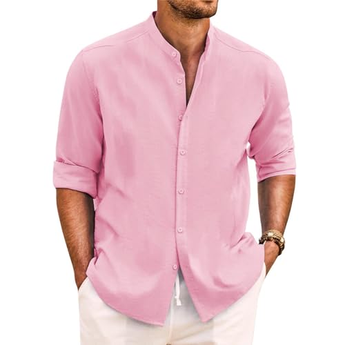 Yageshark Camisa de lino para hombre, camisa de manga larga, camisa de verano, con botones, cuello alto, camisa de ocio, informal, corte regular, camisa de playa, camisa de lino, Rosa., XL