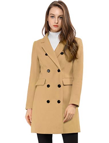 Allegra K Women's Long Jacket Notched Lapel Double Breasted Trench Coat M Khaki