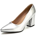 zapatos plateados andrea  Gicoiz Charol Tacón Ancho Mujer Puntiagudo Formal Zapatos Sin Cordones Boda Tacón Alto Elegante Noche Oficina Pumps Chunky Plateado Talla 44 EU-46Cn