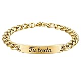 Pulsera esclava plata hombre, Pulsera hombre personalizada de acero inoxidable - - Regalo personalizado grabado láser profesional para cumpleaños, aniversario - Medidas 17-21 cm (Dorado)