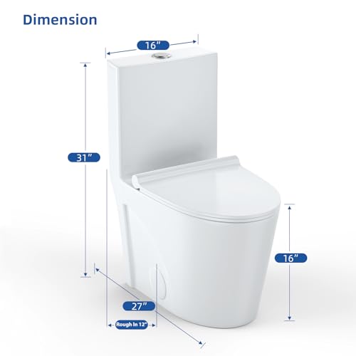 Inodoro de una pieza para baño, altura cómoda de 16 pulgadas, taza alargada con tapa de bloqueo inferior, asiento de cierre suave, sistema de doble descarga, descarga potente miniatura 5