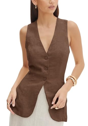 Women's Summer Linen Vest Sleeveless 3 Button V Neck Casual Beach Waistcoat