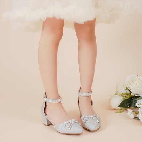 Image of LAURMOSA Girls Sandals Closed Toe High Heels Pointed Toe Ankle Strap Pumps Flower Girl Dressy Shoes in Wedding Party Cute Bowknot Chunky Block Heeled for Little Big Kids