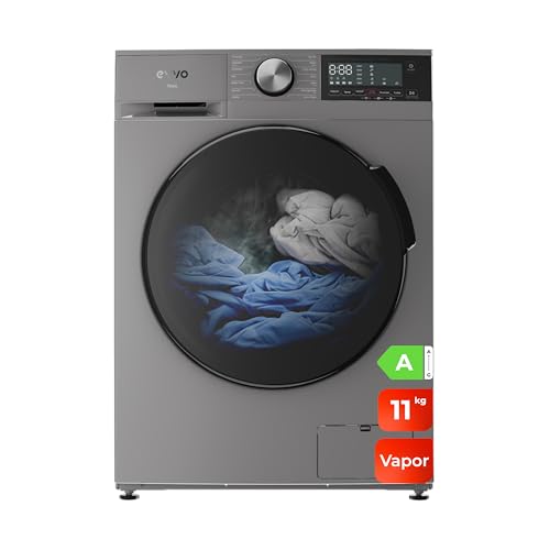 EVVO Lavadora 11kg, Vapor, Motor Inverter, Bajo consumo, Clase A, Hygiene Pro, Lavado Rápido 15', Tambor ePROTECT, SMART LOAD, 1400 rpm, 13 programas, Carga frontal, Nova (11Kg, Inox)