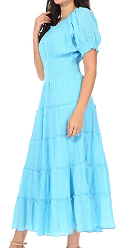 Image of Sakkas Cotton Crepe Smocked Peasant Gypsy Boho Renaissance Mid Length Dress