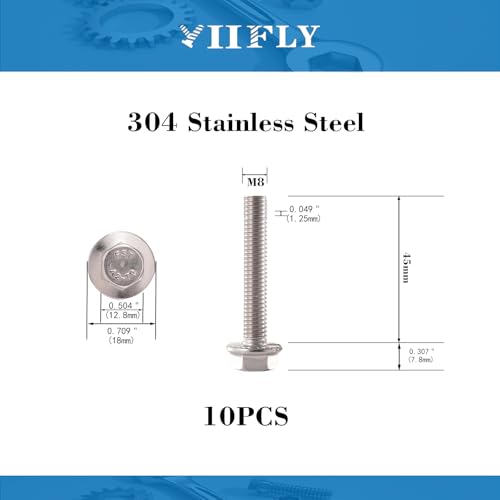 Image of M8x1.25 x 45mm Flanged Hex Head Bolts, 304 Stainless Steel (A2-70), Bright Finish, Fully Threaded, Hexagon Head Flange Bolts, Quantity 10