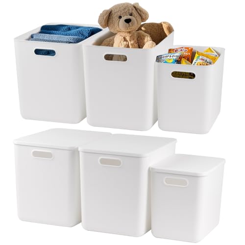 DOUKE White Large Plastic Storage Bins with Lids, 30qt & 16qt Closet Organizers and Storage Tubs, 12' Deep Lidded Aesthetic Storage Containers(4XL+2L)